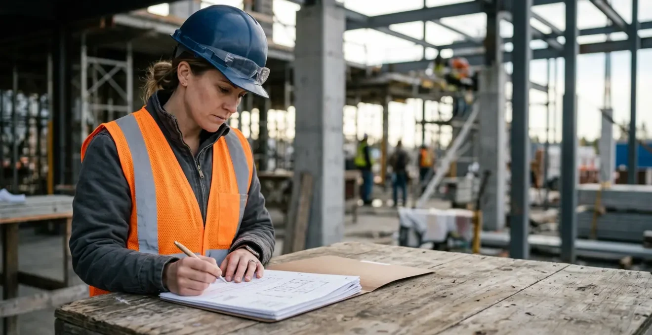 Professionnel du bâtiment examinant attentivement des documents contractuels dans un environnement de chantier