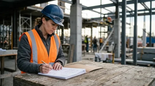 Professionnel du bâtiment examinant attentivement des documents contractuels dans un environnement de chantier