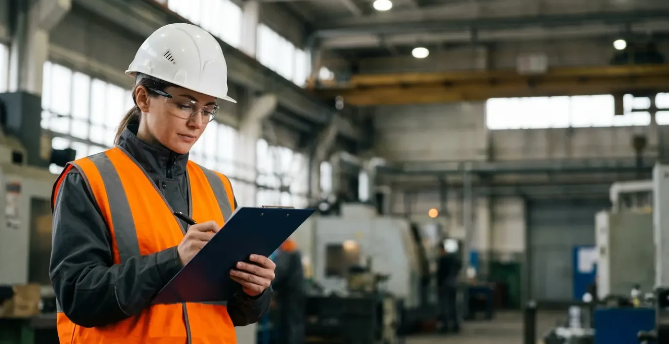 Professionnel analysant la sécurité sur un chantier avec équipements de protection