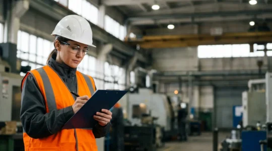 Professionnel analysant la sécurité sur un chantier avec équipements de protection