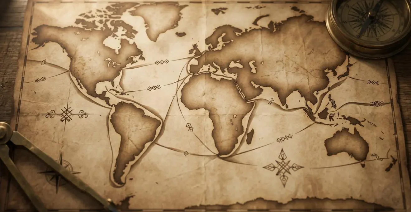 Représentation cartographique abstraite de routes maritimes mondiales avec zones d'ombre indiquant des régions à risques élevés