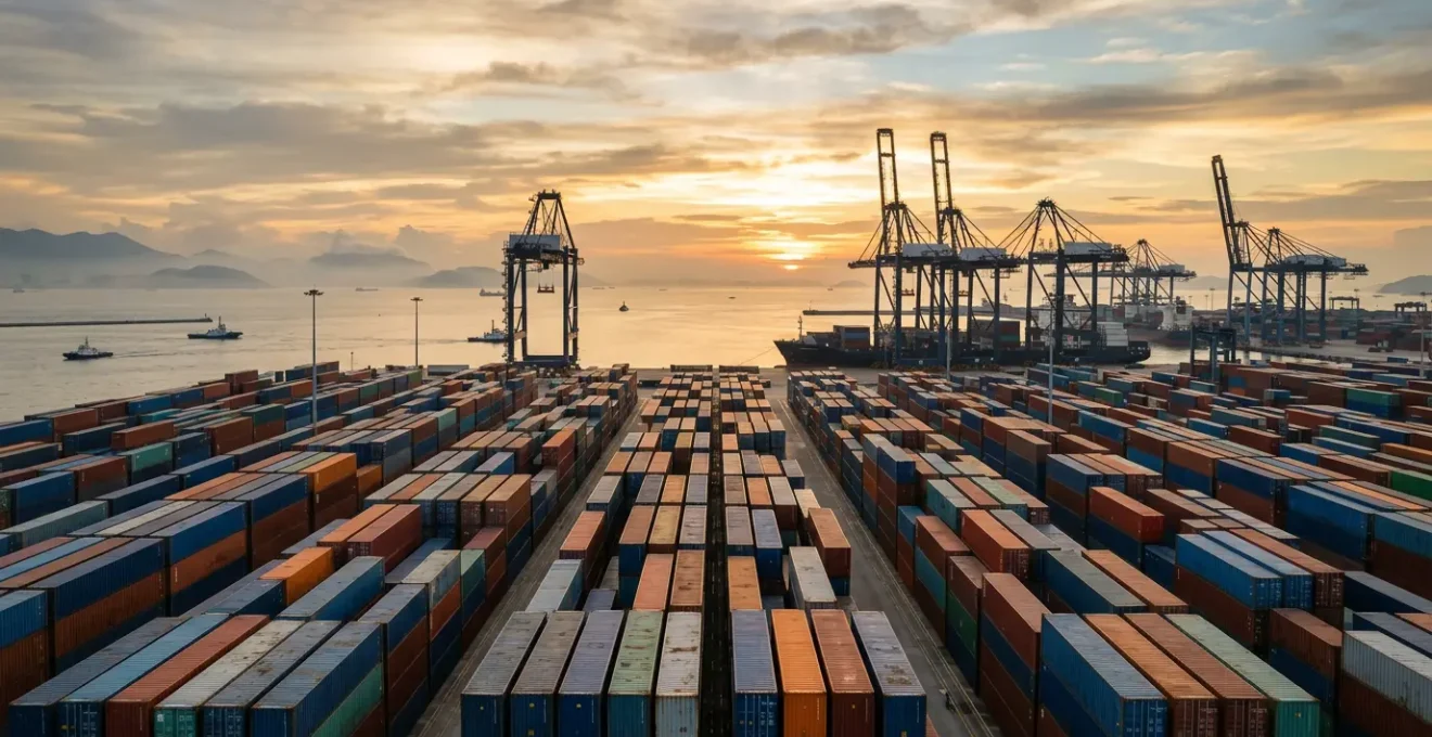 Conteneurs maritimes empilés dans un port international avec grues de chargement à l'arrière-plan