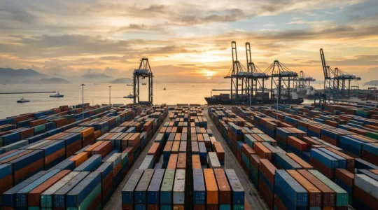 Conteneurs maritimes empilés dans un port international avec grues de chargement à l'arrière-plan