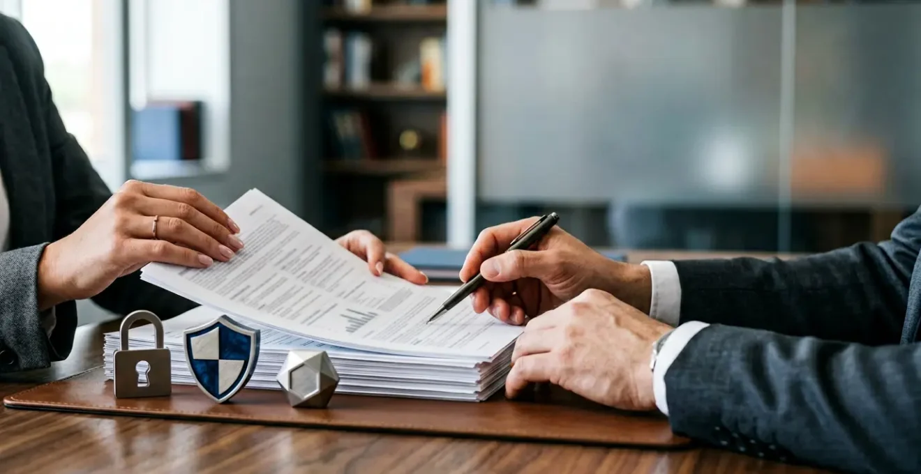 Professionnel consultant un document de police d'assurance dans un environnement de bureau moderne sécurisé
