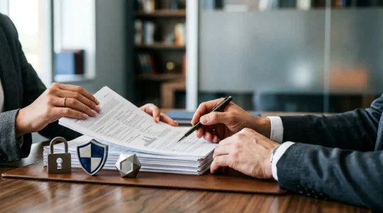 Professionnel consultant un document de police d'assurance dans un environnement de bureau moderne sécurisé