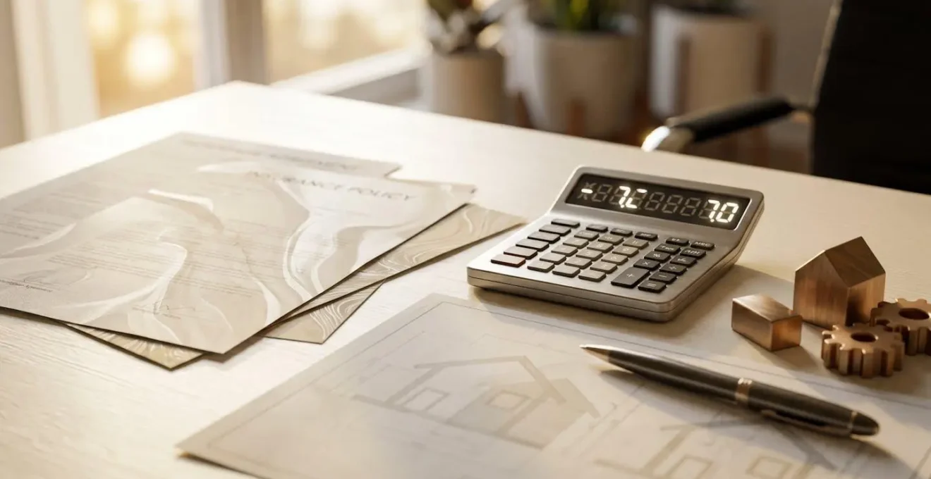 Concept d'optimisation financière pour l'assurance de prêt immobilier avec documents et calculatrice