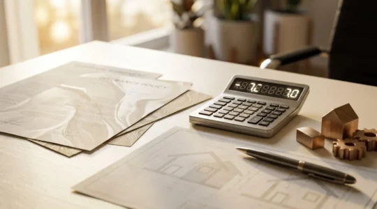 Concept d'optimisation financière pour l'assurance de prêt immobilier avec documents et calculatrice