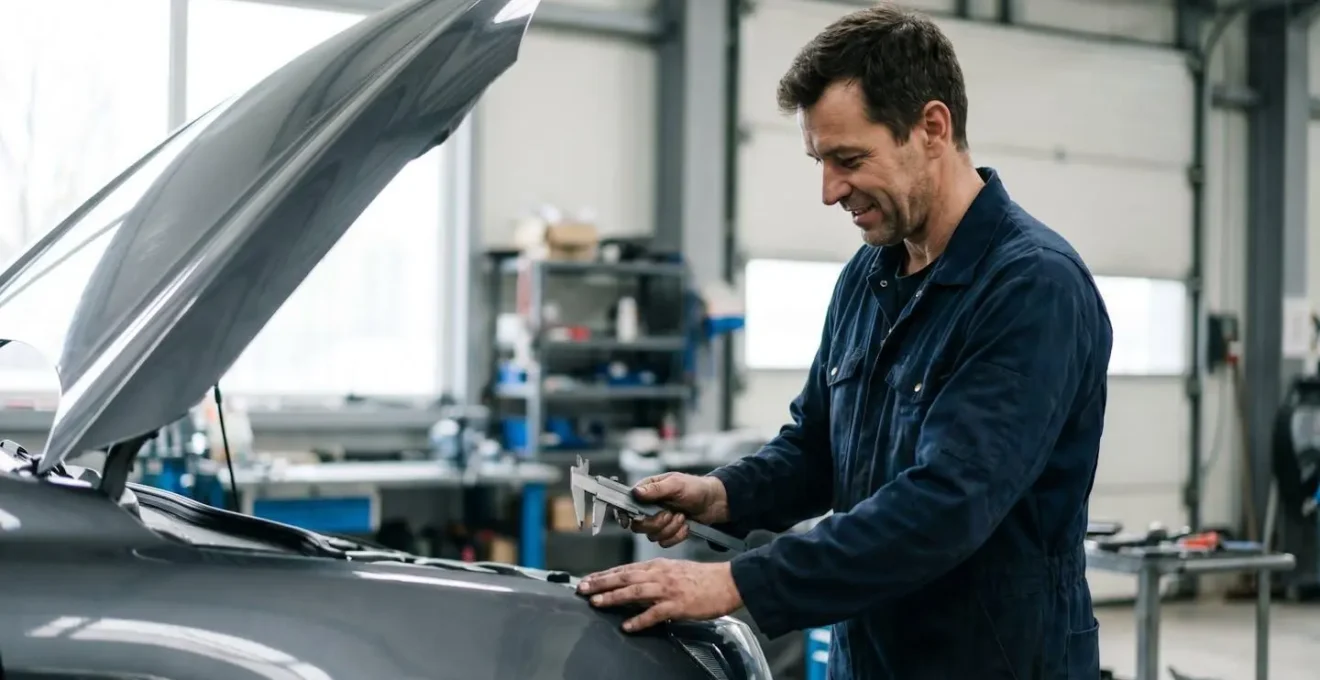 Professionnel automobile examinant un véhicule dans un atelier de carrosserie moderne