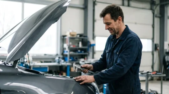 Professionnel automobile examinant un véhicule dans un atelier de carrosserie moderne