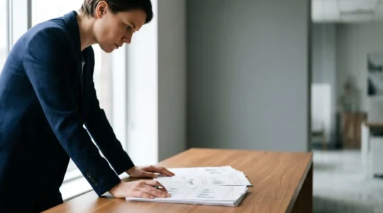 Emprunteur déterminé face à des documents bancaires, symbolisant la défense de ses droits en matière de délégation d'assurance