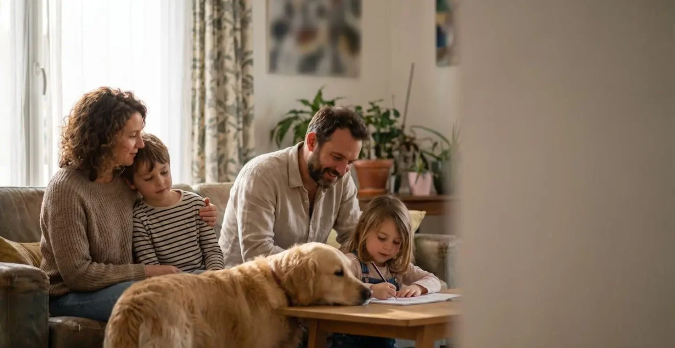 Famille avec enfants et chien dans un environnement domestique protégé symbolisant la responsabilité civile