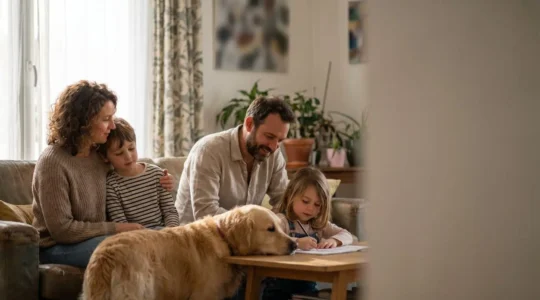 Famille avec enfants et chien dans un environnement domestique protégé symbolisant la responsabilité civile