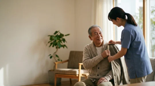 Personne en situation de dépendance accompagnée par un aidant pour les actes essentiels de la vie quotidienne