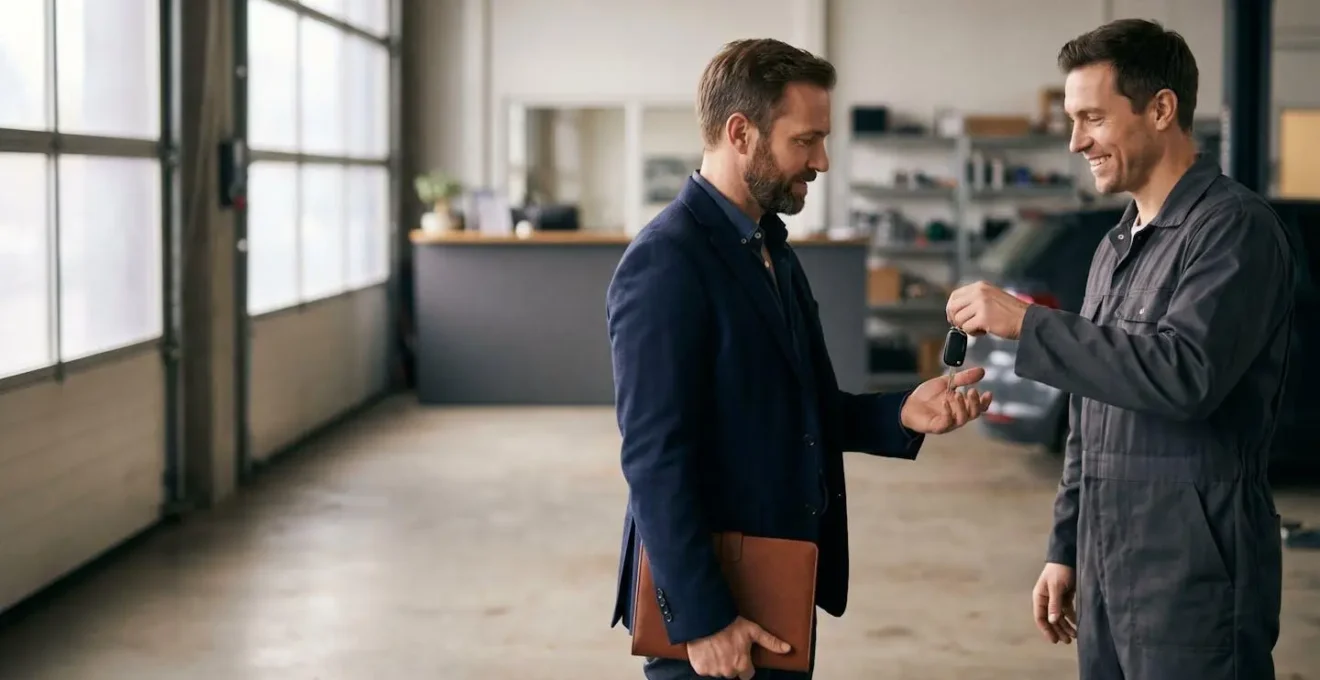 Client dans un garage automobile recevant les clés d'un véhicule de remplacement temporaire