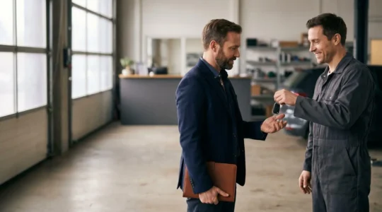 Client dans un garage automobile recevant les clés d'un véhicule de remplacement temporaire