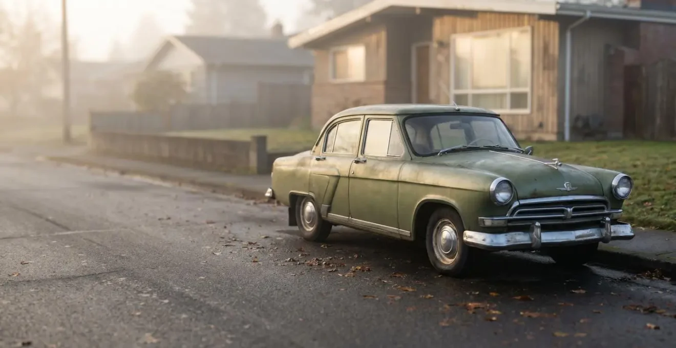 Voiture ancienne immobilisée devant un garage avec dépanneuse en arrière-plan