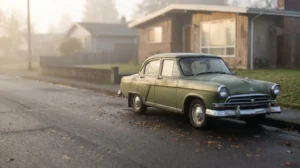 Voiture ancienne immobilisée devant un garage avec dépanneuse en arrière-plan