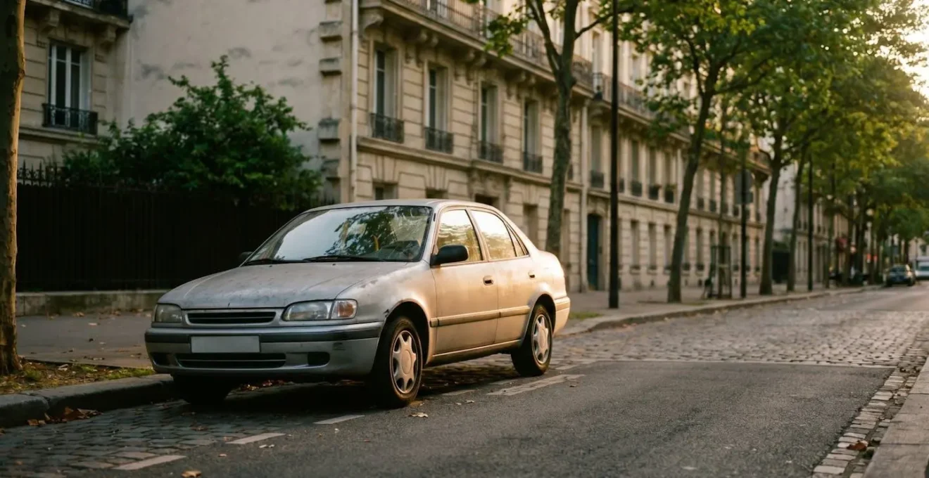 Vue rapprochée d'un véhicule d'occasion garé, focus sur les détails de carrosserie et l'environnement urbain, illustrant le dilemme du choix d'assurance