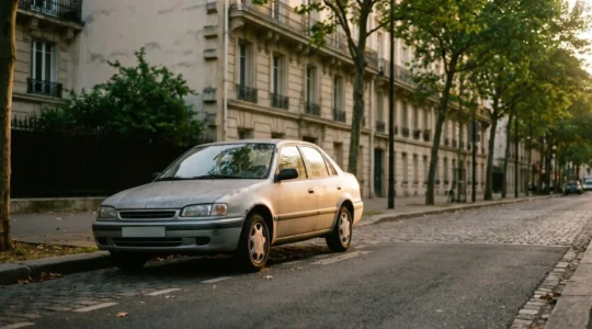 Vue rapprochée d'un véhicule d'occasion garé, focus sur les détails de carrosserie et l'environnement urbain, illustrant le dilemme du choix d'assurance